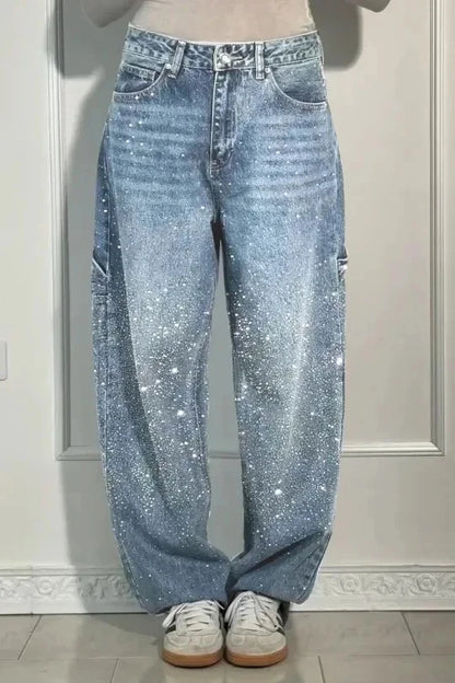 New Women Casual Hot Drilling Jeans Autumn Winter Cowboy Trousers High Waist Button Pockets Fashion Female Loose Straight Pants