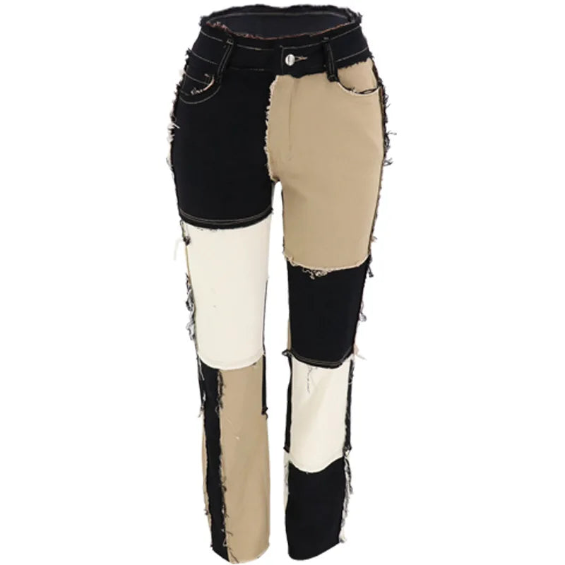 2025 Hot Sale Mixed Color Patchwork Jeans For Women Fashion High Stretch Denim Straight Pants Street Hipster Trousers XS-2XL