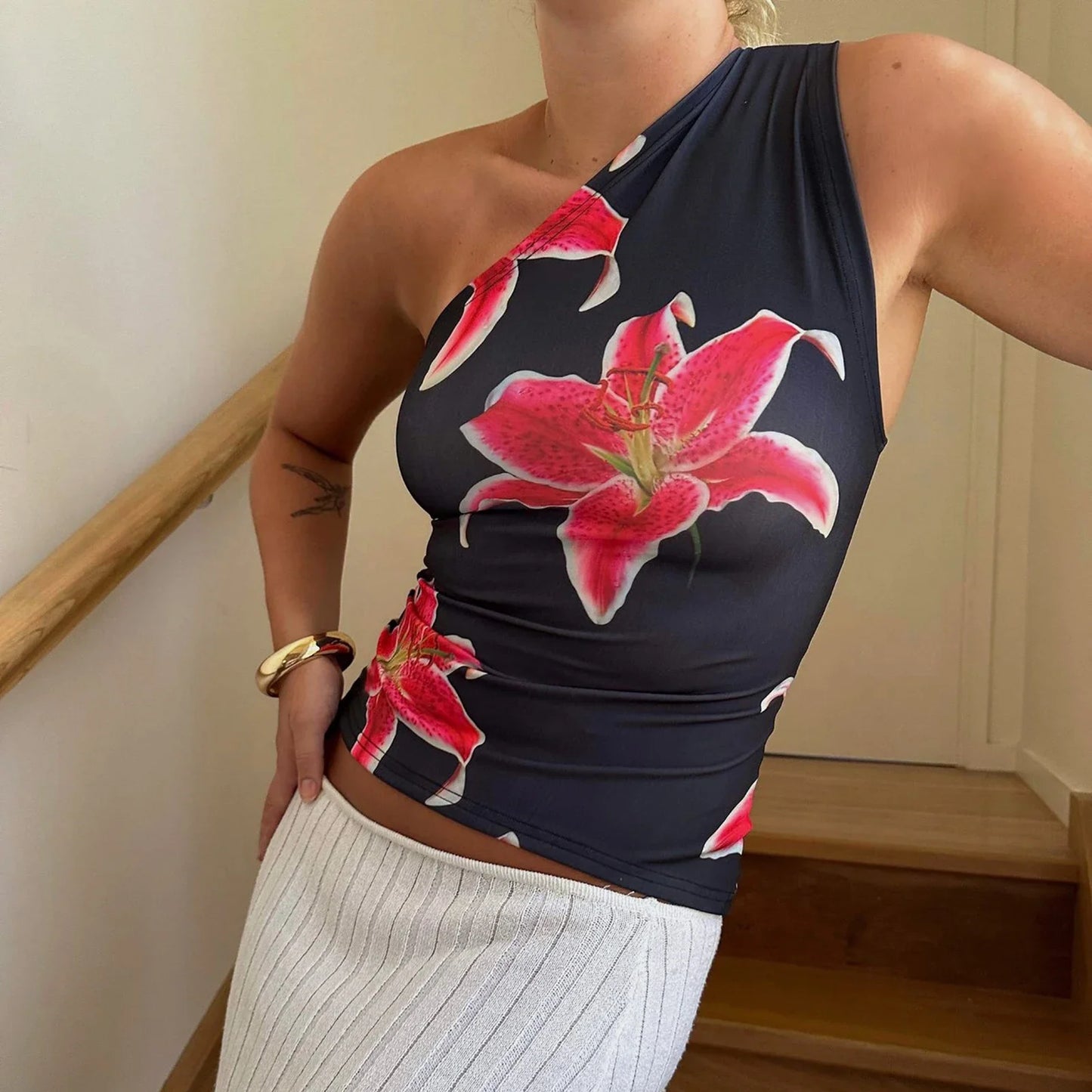 Women's Fashion One Shoulder Tops Slim Flower Print Slash Neck Backless Sleeveless Crop Shirt for Summer