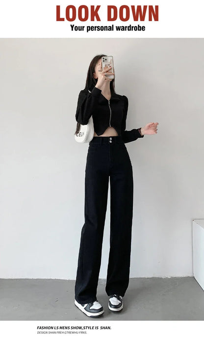 Women's Jeans Autumn High Waist Loose Straight Denim Pants Black Blue Fashion Korean Street Stretch Soft Comfortable Trousers