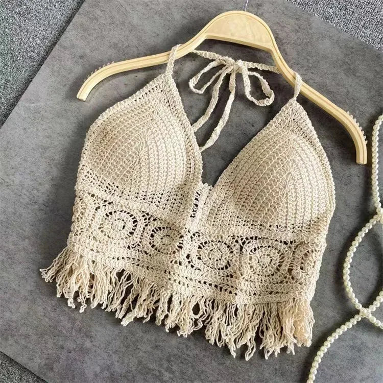 Women Beach Crop Tops Hollow Cover-Ups Perspective Tassel Sexy Spaghetti Strap Swinwear Built In Bra Backlless Halter Neck