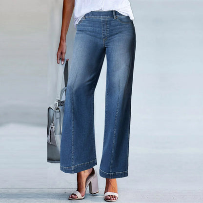 New Wide Leg Jeans For Women Seamed Front Wide Leg Jeans Solid Color Casual Fashion Straight Elastic Waist Trousers For Women