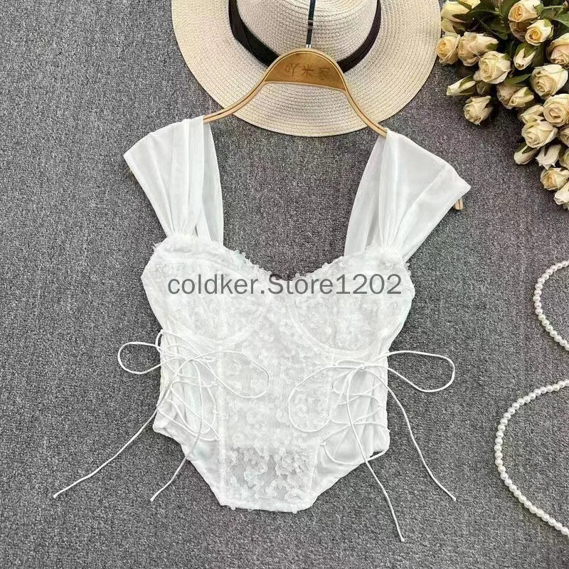 Women Corset Top Y2K Clothes Lolita Ruffles Flower Lace Tank Top Summer French Tube Tops Cute Clothes Pink Crop Tops
