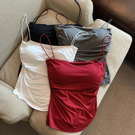 Sleeveless Tees Tank Tops For Women Camisole Vest Cropped Top Slim Fit Solid Color Spaghetti Strap Built In Bra Women Clothes