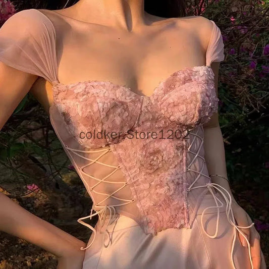 Women Corset Top Y2K Clothes Lolita Ruffles Flower Lace Tank Top Summer French Tube Tops Cute Clothes Pink Crop Tops
