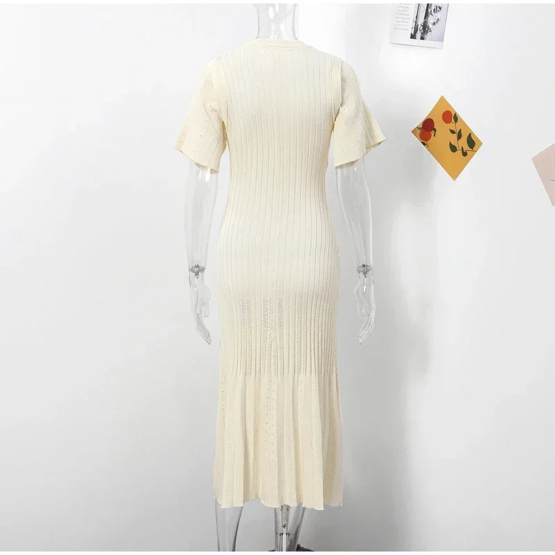 Elegant Knit Dress For Women White Slim O-neck Single Breasted Short Sleeve Long Dresses Female 2025 Spring Fashion Lady Robe