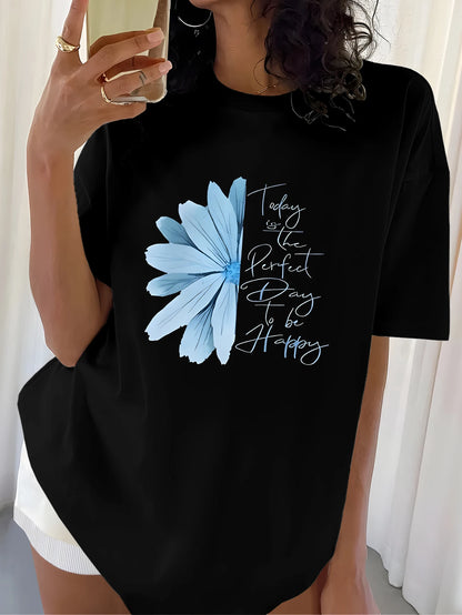 Plus Size Tops Women Clothes Inspirational - style Black T - shirt with Flower Motif Print ，Soft And Comfortable，Summer Outfits