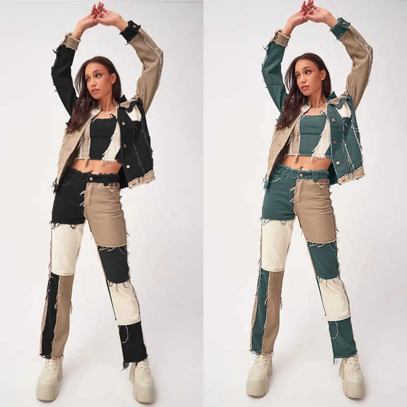 2025 Hot Sale Mixed Color Patchwork Jeans For Women Fashion High Stretch Denim Straight Pants Street Hipster Trousers XS-2XL