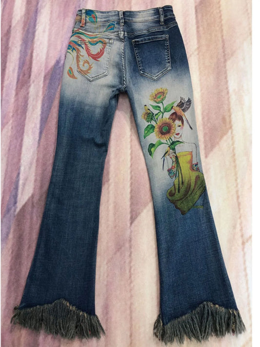 Beaded jeans for women with Rivet and diamond-encrusted casual street fashion cotton slim Flare Pants