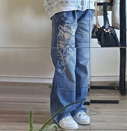 Women's Denim Trousers 2025 Autumn Winter Latest Irregular Print Loose Pants Low Waist Pleats Washed Worn Multi Colored Jeans