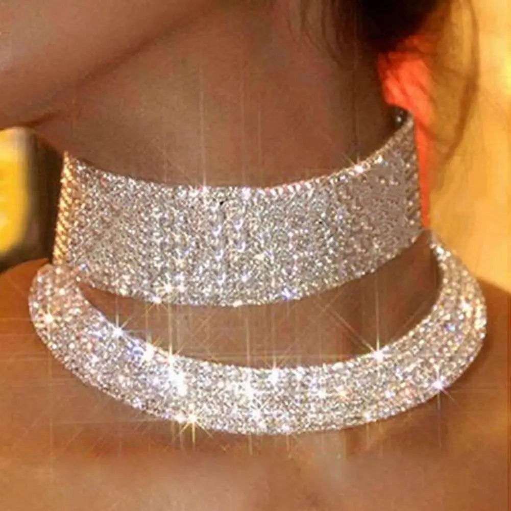 Women Necklace Shiny Rhinestone Multi Layers Adjustable Luxury Stainless  Bride Wedding Neck Jewelry