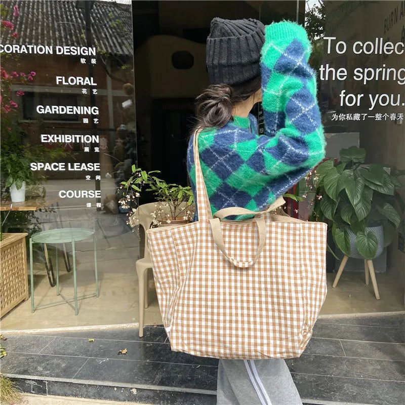 Women Canvas Shoulder Bags Plaid Double-side Large Capacity Handbags Female Shopping Portable Lazy All-match Foldable Tote Bag