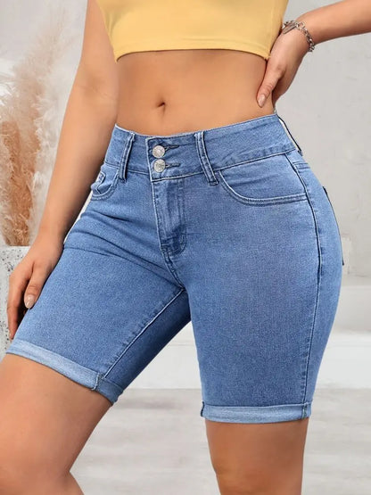 Blue elastic double-breasted fashion shorts jeans women's jeans