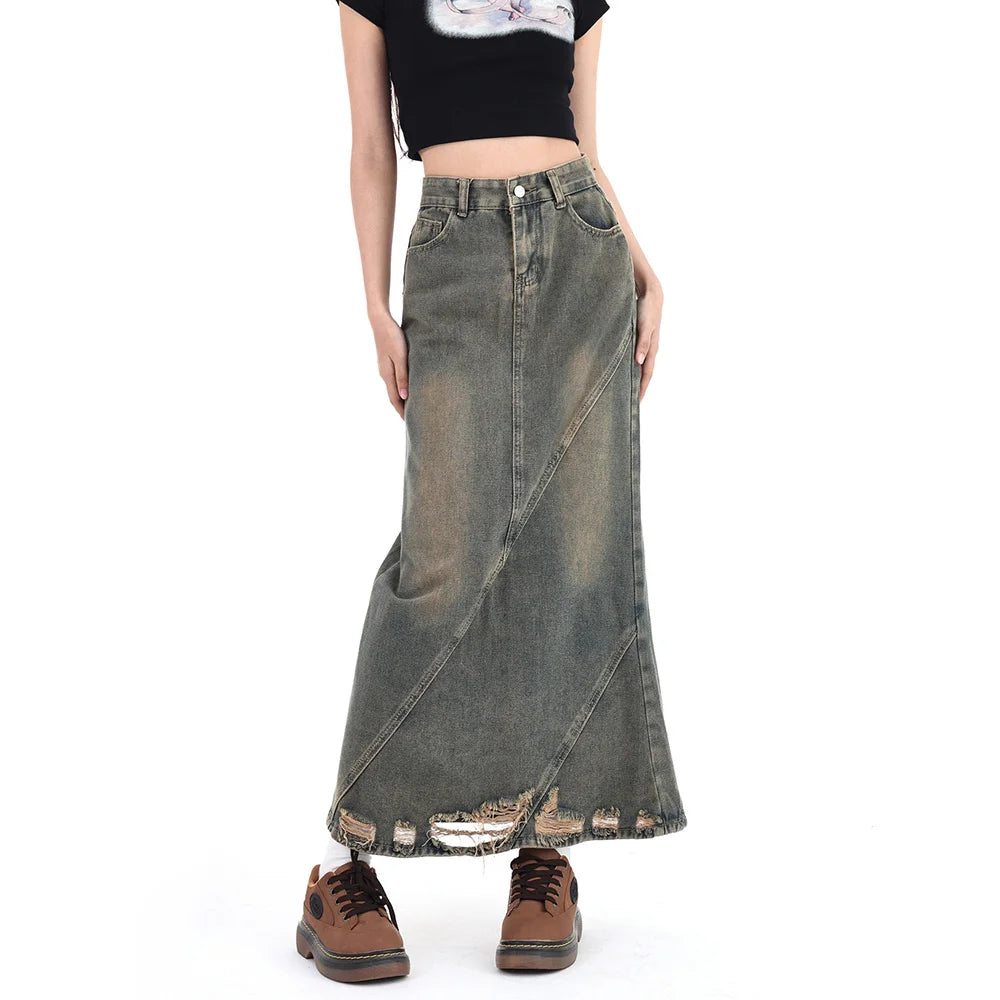 Women Denim Skirt Y2k Emo 2000s Clothes Long Skirt Harajuku Korean 90s Fashion Vintage Gradient A-line Jean Skirt Grunge Clothes