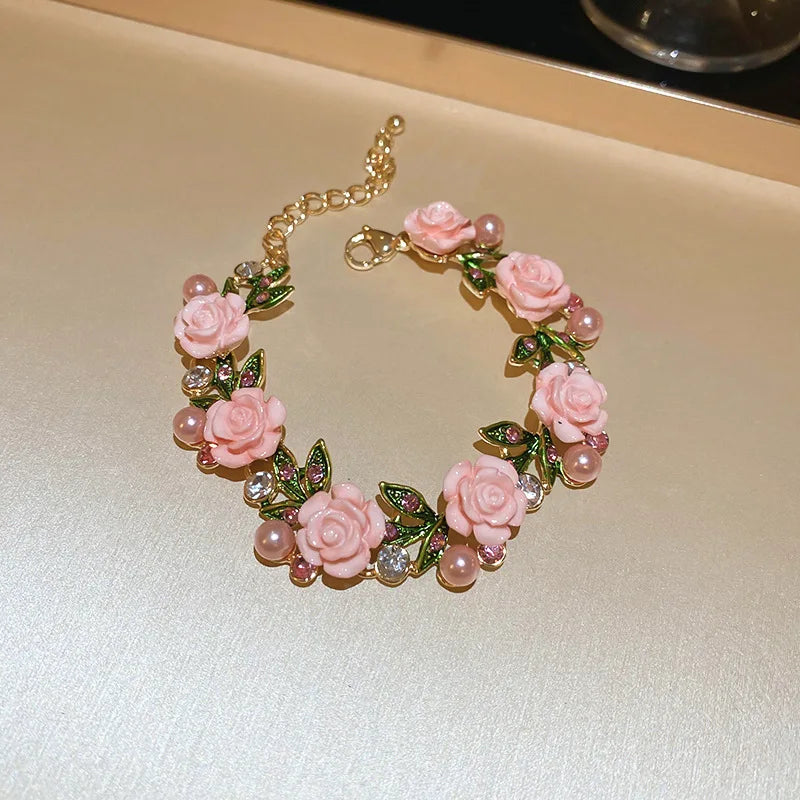 Flowers and leaves set with diamonds and pearl earrings and necklace set