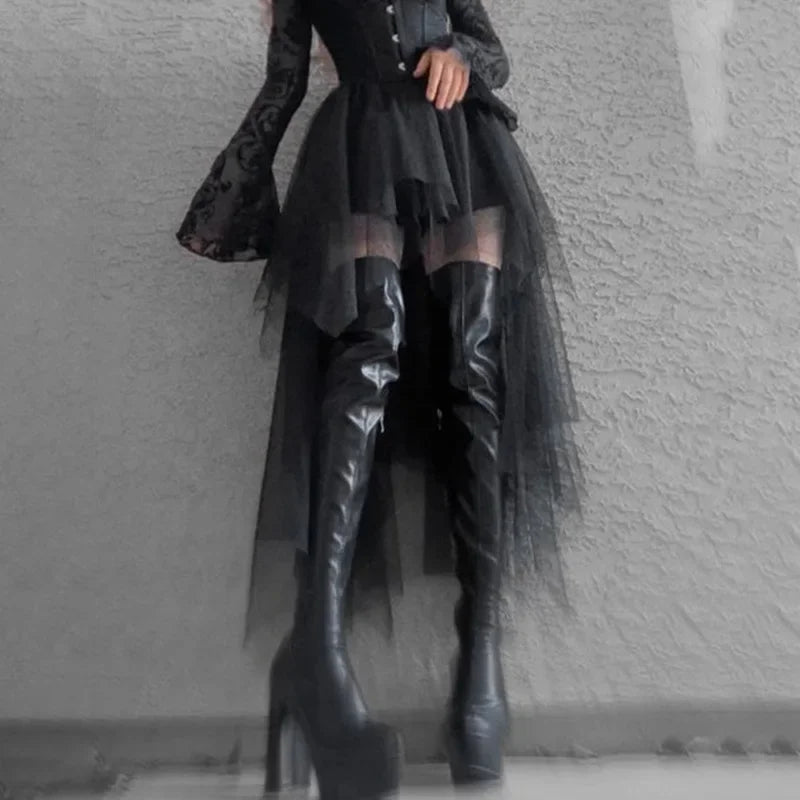Casual Skirts Punk Sexy Net Yarn High-Waisted Irregular Skirt for Women Summer New European and American Gothic Style Versatile