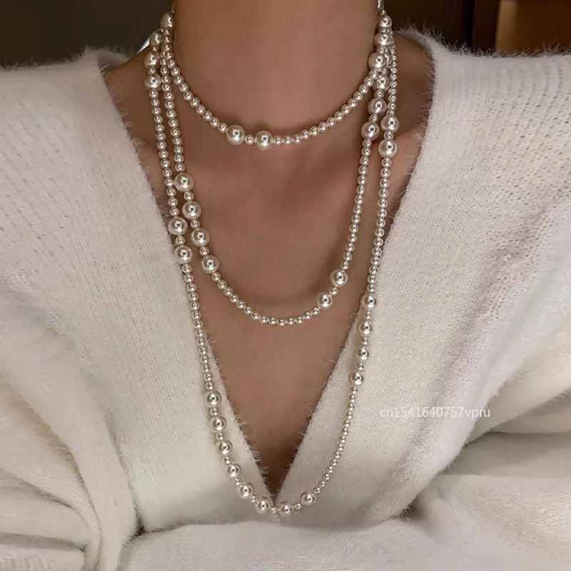 Luxury Necklace Multi-layered Pearl Necklace for Women Fashionable Long Chain Dress Accessory