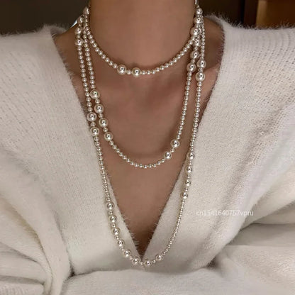 Luxury Necklace Multi-layered Pearl Necklace for Women Fashionable Long Chain Dress Accessory