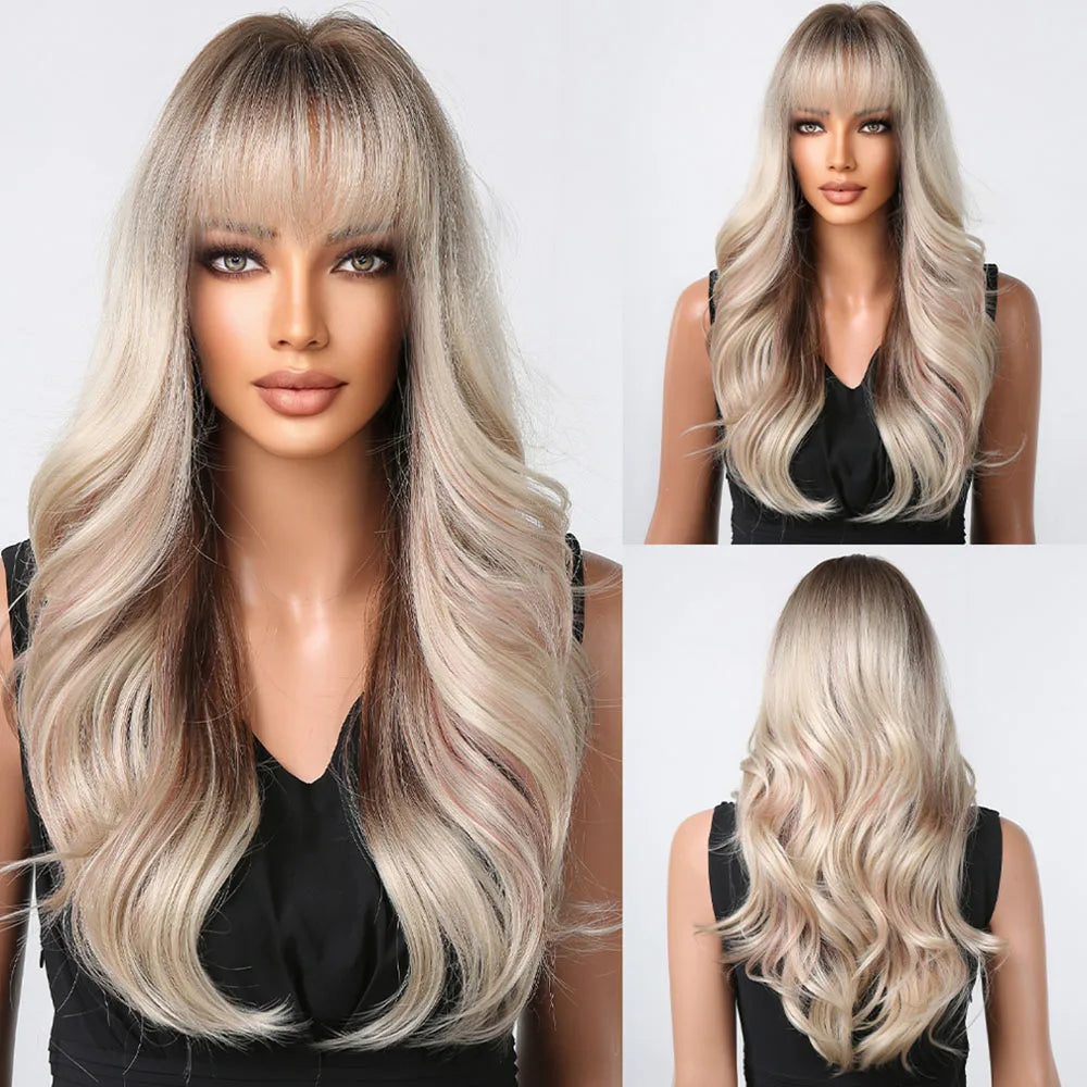 HENRY MARGU Burgundy Long Wavy Wigs Wine Red Wig with Bangs for Women Daily Synthetic Hair Cosplay Wig Heat Resistant Fiber