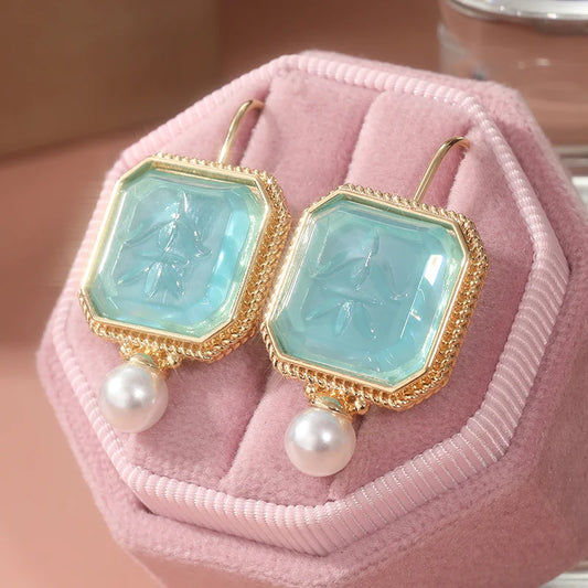 A Pair of Elegant Blue Earrings, Vintage Jewelry, Imitation Pearl Earrings, Decorative Art Earrings, A Gift for Mom