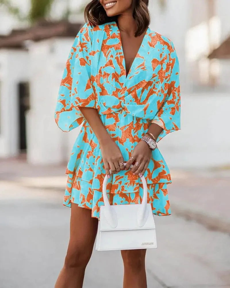 Women Dresses Fashion Vacation Sundress Women's Bat Sleeve Ruffles Dresses Summer Irregular Mini Dress