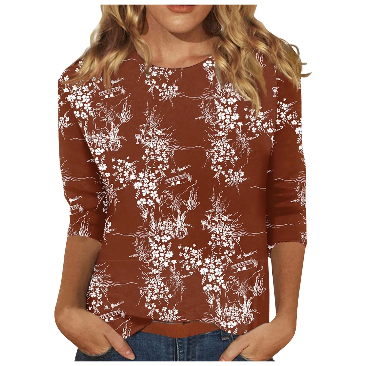 2024 Women Summer Tops Comfortable T Shirt Fashion Flower Print Round Neck 3/4 Sleeve Tops Soft Versatile Pullover Ropa De Mujer