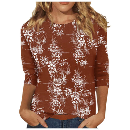 2024 Women Summer Tops Comfortable T Shirt Fashion Flower Print Round Neck 3/4 Sleeve Tops Soft Versatile Pullover Ropa De Mujer