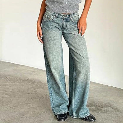 Retro Washed Jeans Women'S Design Sense Mid Waisted Straight-Leg Pants Loose Wide-Leg Mopping Pants Jeans Pants For Woman Jean
