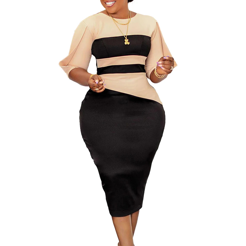 Elegant Church Dresses for Women 2023 New Arrivals Fashion Two Color Patchwork Fitted Ladies Knee Length Formal African Dress
