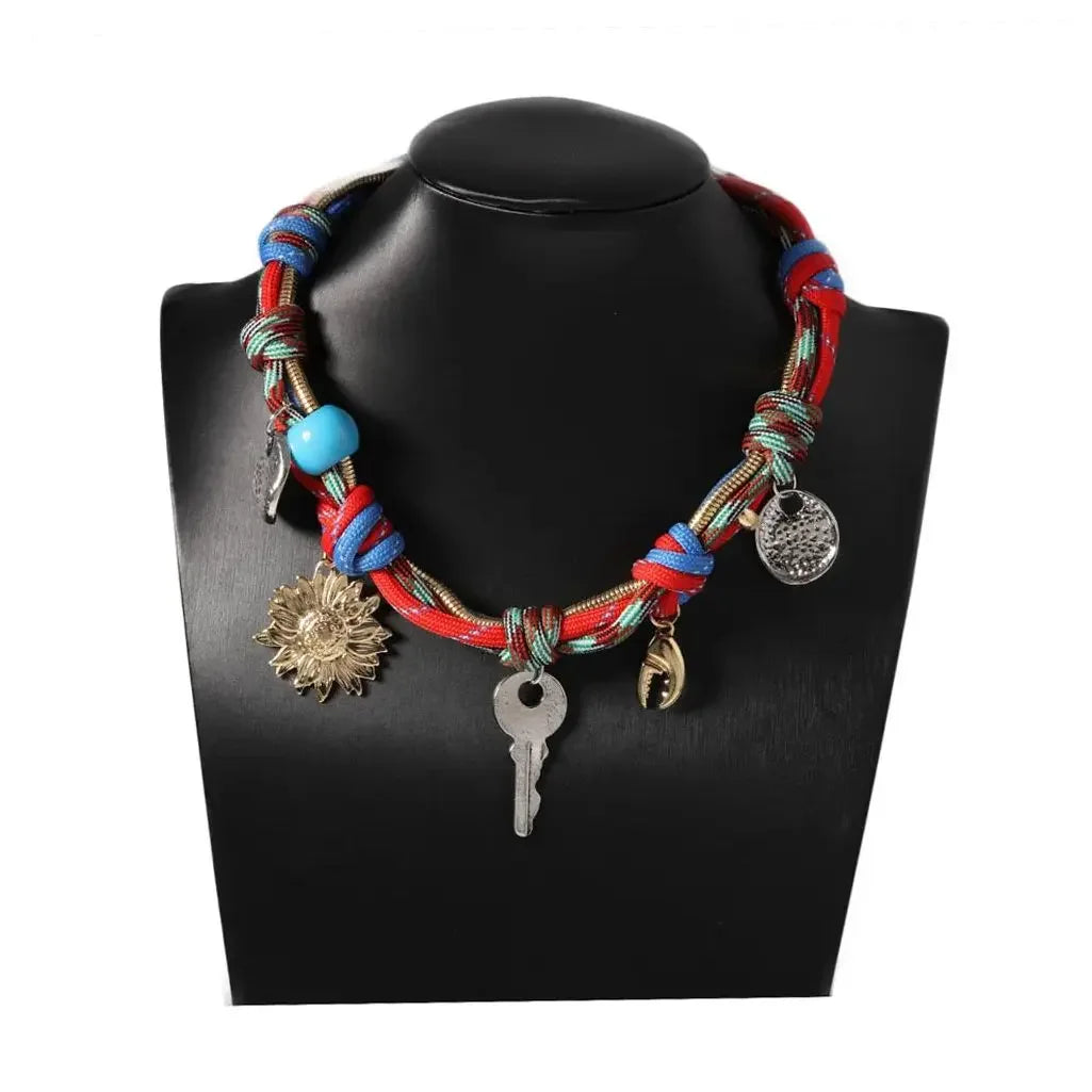 Coloured Cord Necklaces For Women Statement Accessory With Charms Bohemian Vintage Key Crab Clap Flower Choker Rope Necklace