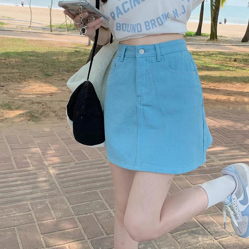 JMPRS Sweet Pink Women Denim Skirts High Waist Student A Line Korean Solid Mini Skirt Causal Summer Vintage Ladies Jeans Skirt