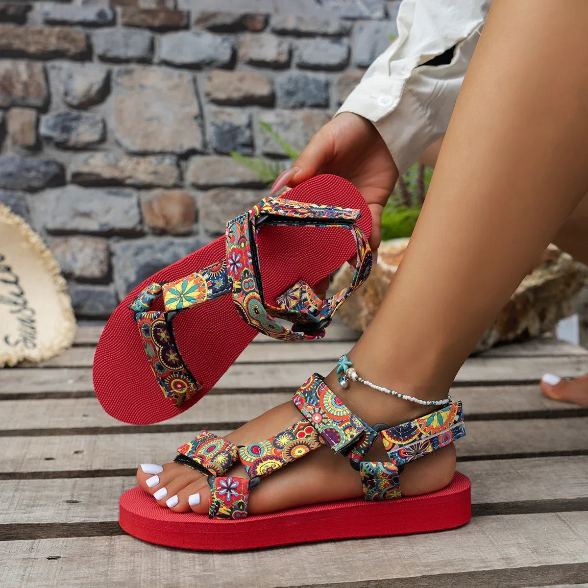 Women's Shoes 2025 Open Toe Women's Sandals Summer Bohemian Mixed Color Soft Sole Lightweight Casual Comfortable Flat Sandals
