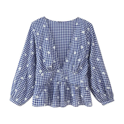 Women's Tops New Summer 2025 Small Check Tops Embroidered Trims Sexy Deep V-Neck Casual Fashion Versatile Personality