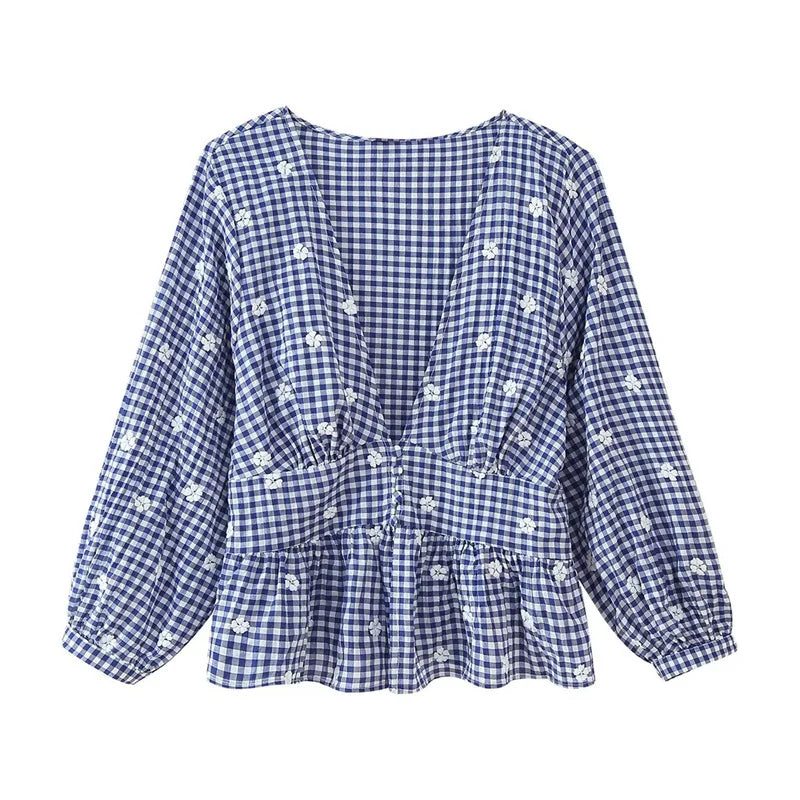 Women's Tops New Summer 2025 Small Check Tops Embroidered Trims Sexy Deep V-Neck Casual Fashion Versatile Personality