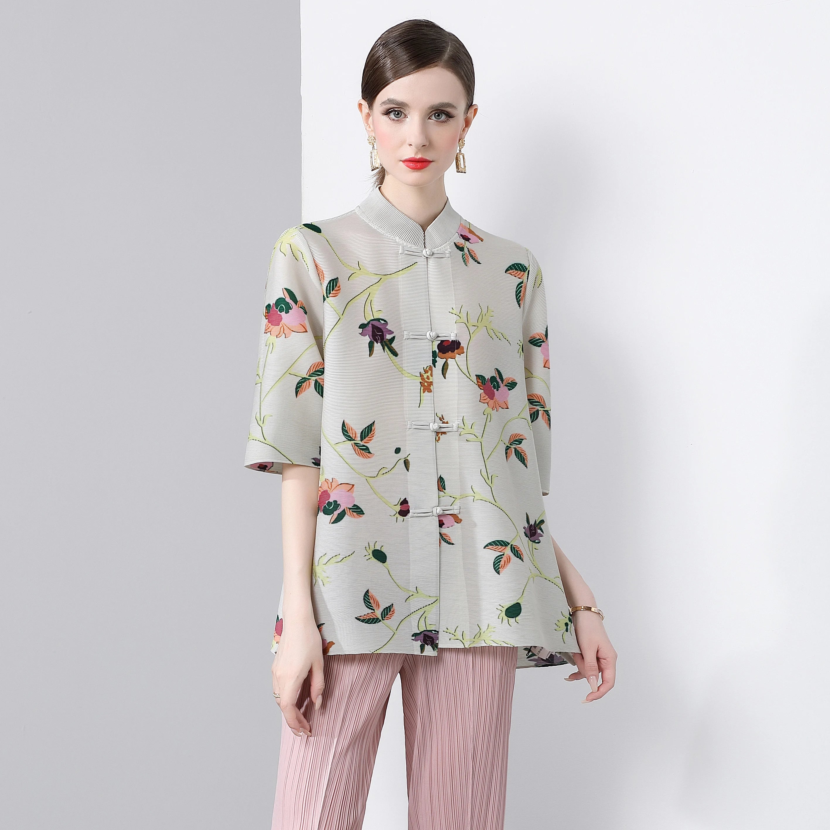 Pleated Tops for Women Summer Printed Shirts Loose Mom Wear Commuter Printed Short Sleeves Women Clothes