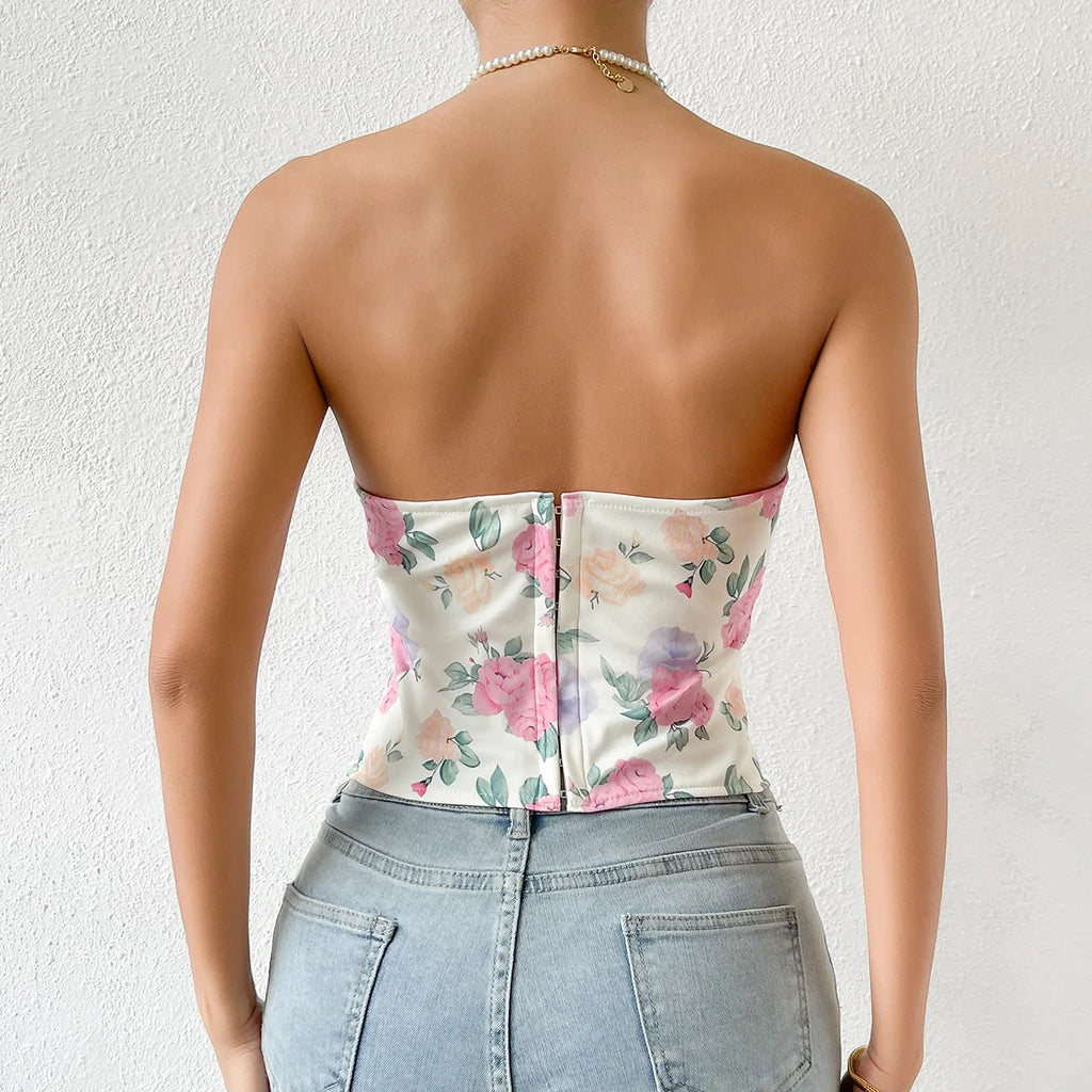 Women Floral Top Sexy Spicy Girl Tank Top Low cut Open Back Flower Wrapped Chest Diamond Fish Bone Strap Waist Vest Tank Top