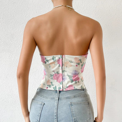 Women Floral Top Sexy Spicy Girl Tank Top Low cut Open Back Flower Wrapped Chest Diamond Fish Bone Strap Waist Vest Tank Top