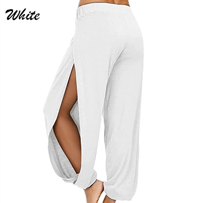 Women Sports Yoga Pants Summer High Slit Haren Pants Solid Loose Hippie Harem Wide Leg Pants Trousers