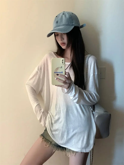 Women T-Shirts Casual Loose New Slightly Transparent O Neck Female Top Thin Sun Protection Tees Spring Summer 2025
