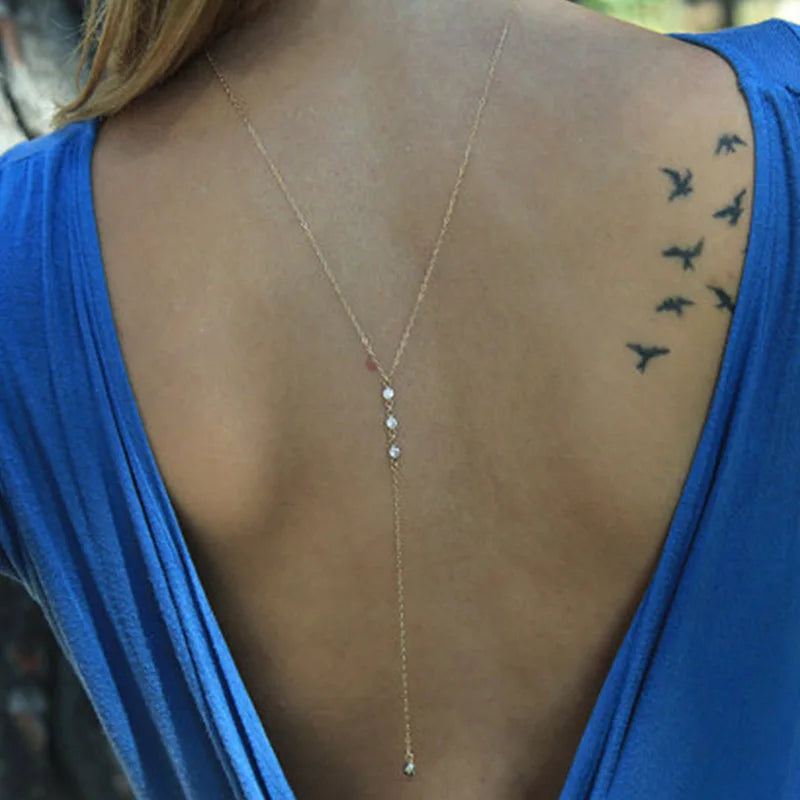 Women Long Necklace Body Sexy Chain Bare Back Gold Silver Crystal Rhinestone Pendant Chain Necklace Backdrop Beach Body Jewelry