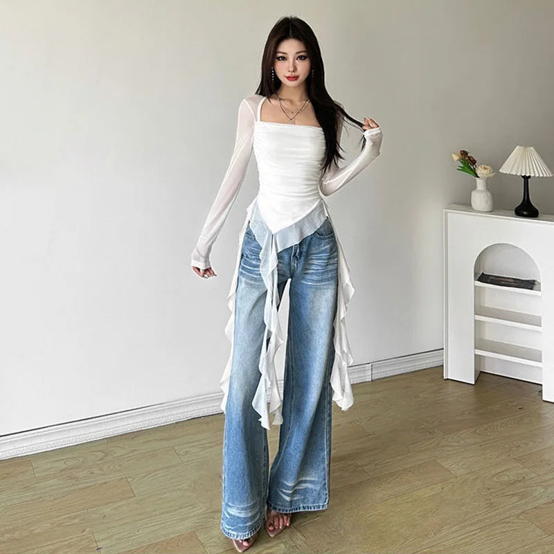Sexy Women's Tops Fashion White Black Irregular Ribbon T-shirts for Women Long Sleeve Ruffles Slim Punk Tops Female Clothing Y2k