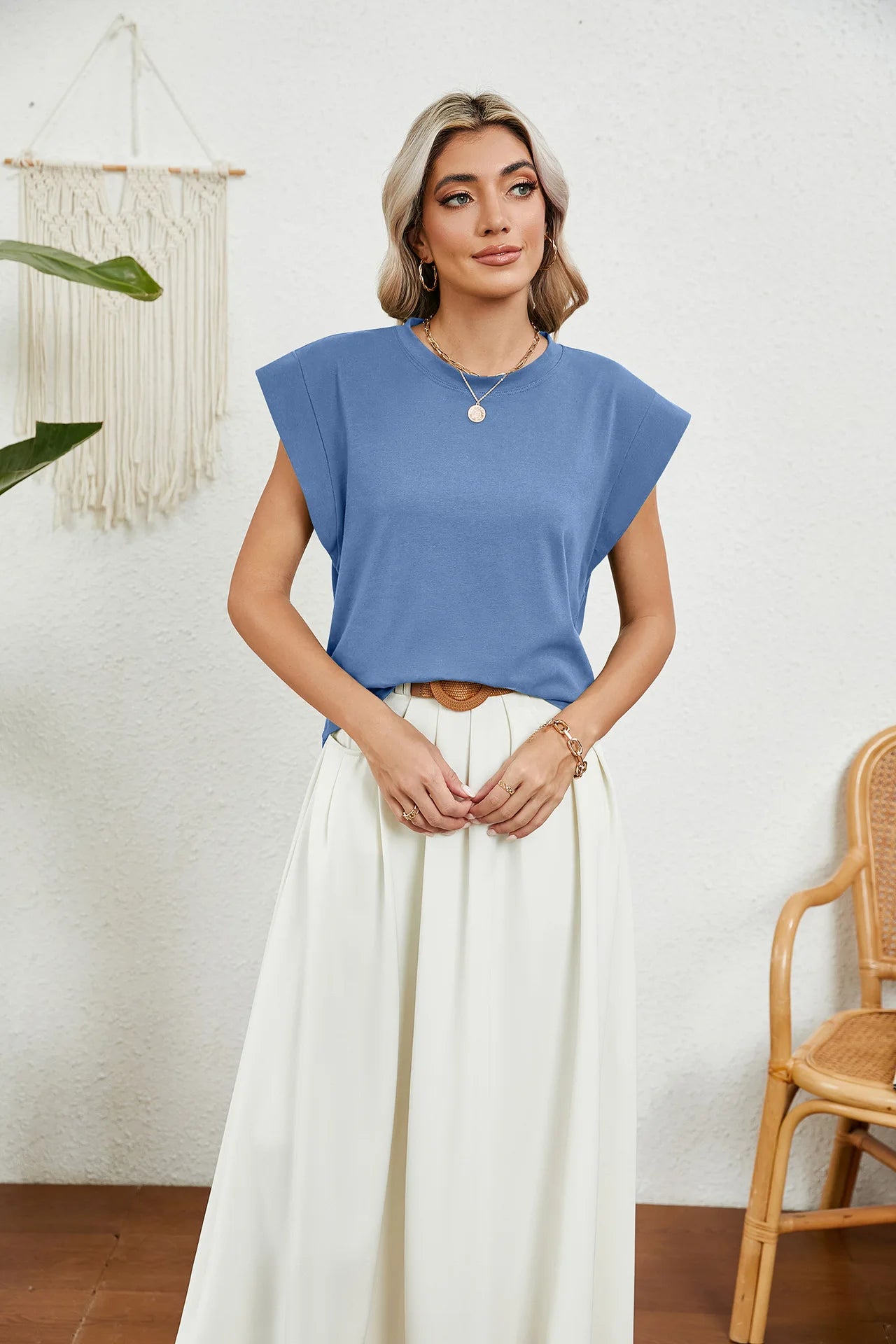 Tops for Women Trendy Summer Casual Short Sleeve Basic Textured Stripe Solid Color Round Neck T Shirts Blouse 2024