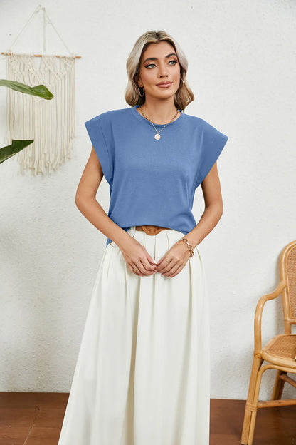 Tops for Women Trendy Summer Casual Short Sleeve Basic Textured Stripe Solid Color Round Neck T Shirts Blouse 2024