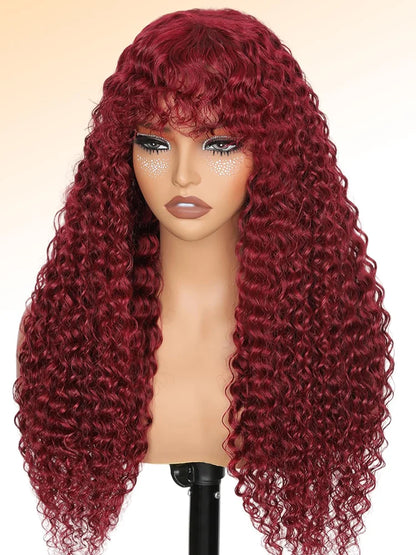 Glueless 200% Density 99J Burgundy Full Machine Made Deep Wave Wig with Bangs Water Wave Red Curly Human Hair Wigs Wear and Go