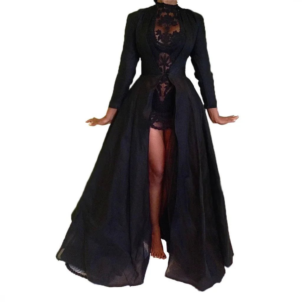 Women Sexy Dress Two Piece Sets Lace Hollow Out Spliced Long Dresses Full Sleeve Tight Waist Gown Evening Vestidos Party Prom