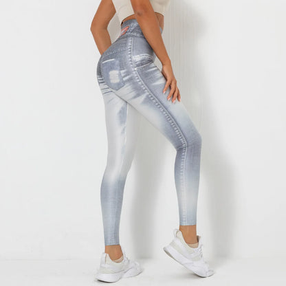 Push Up Yoga Pants Women Fitness Leggings Imitation Jeans Patchwrok Scrunch Tights High Waist Leggings Gym Workout Sport Leggins