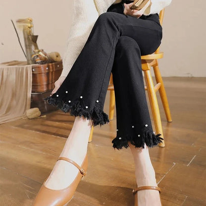 Denim Pants For Women Spring And Autumn Elastic Show Nine Points Trousers High Waist Korea Fashion Flared Jeans Female Casual