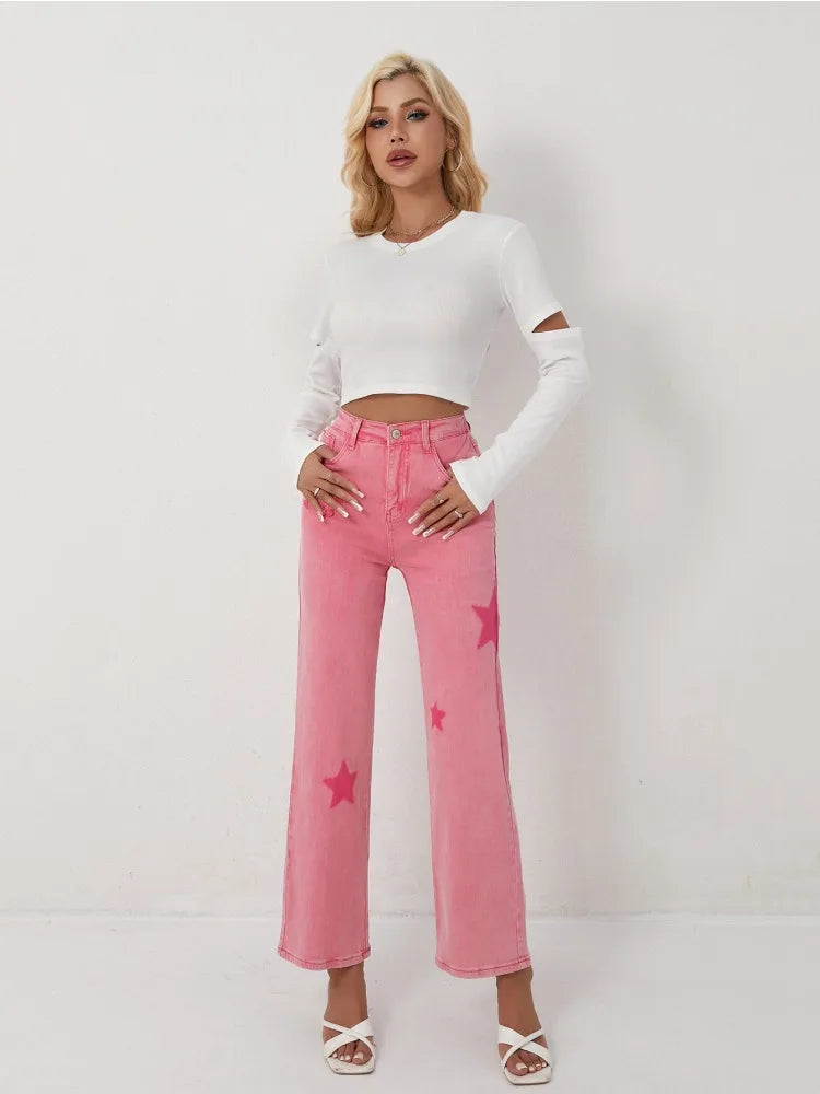 Women's Pink Jeans Star Print Flared High Waist Denim Trousers Stylish and Comfortable Outfit Option