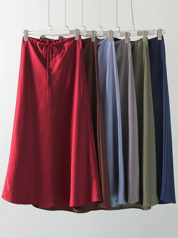 Long Black Satin Skirts Women For Work Summer Autumn Straight Brown Skirt Long Belt Coffee Formal Silk Maxi Skirt For Ladies