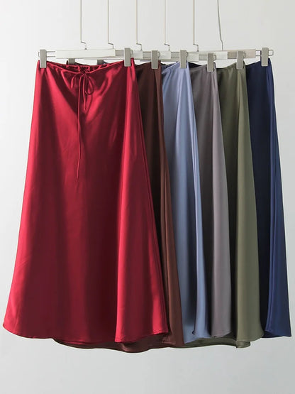 Long Black Satin Skirts Women For Work Summer Autumn Straight Brown Skirt Long Belt Coffee Formal Silk Maxi Skirt For Ladies